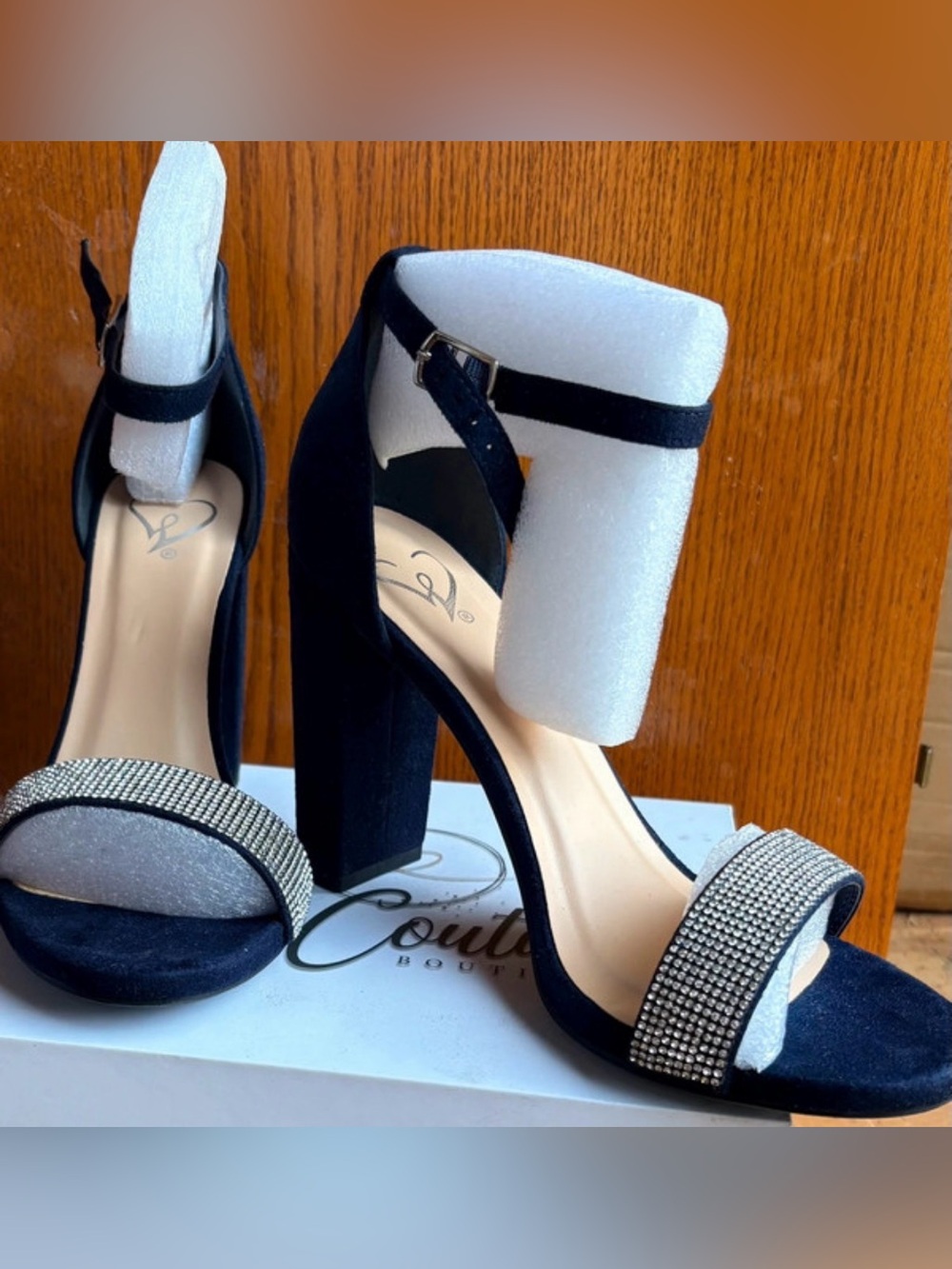 Windsor Rhinestone Navy Blue Heel Sandals with Ankle Strap